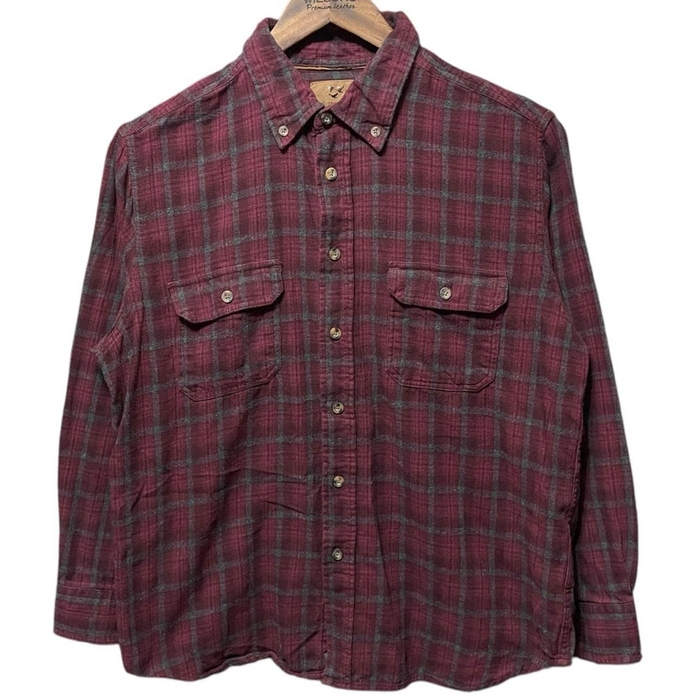 Burgundy gray button up two pocket collared long sleeve plaid work flannel shirt